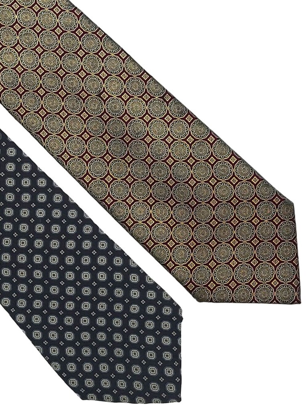 Lot of 2 Geoffrey Beene & VanHeusen Classic Geometric Silk Foulard Tie Necktie